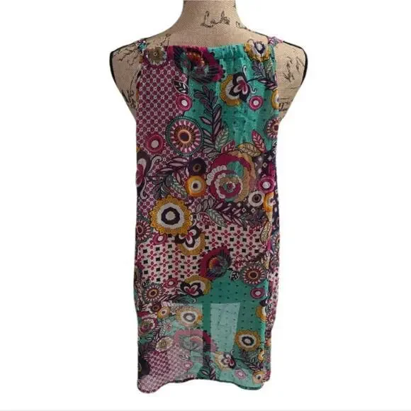 Umgee USA + Floral Patchwork V-Neck Tunic Top with Crochet Fringe Trim 1XL - Picture 2 of 8